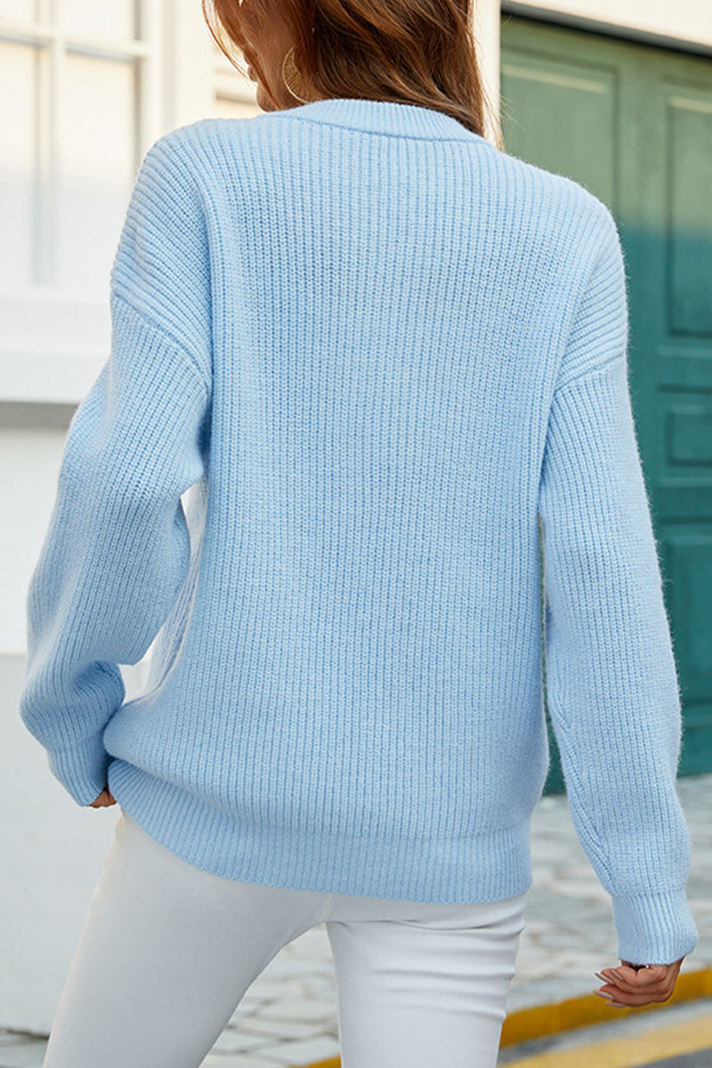 Solid O Neck Single-breasted Knit Sweater