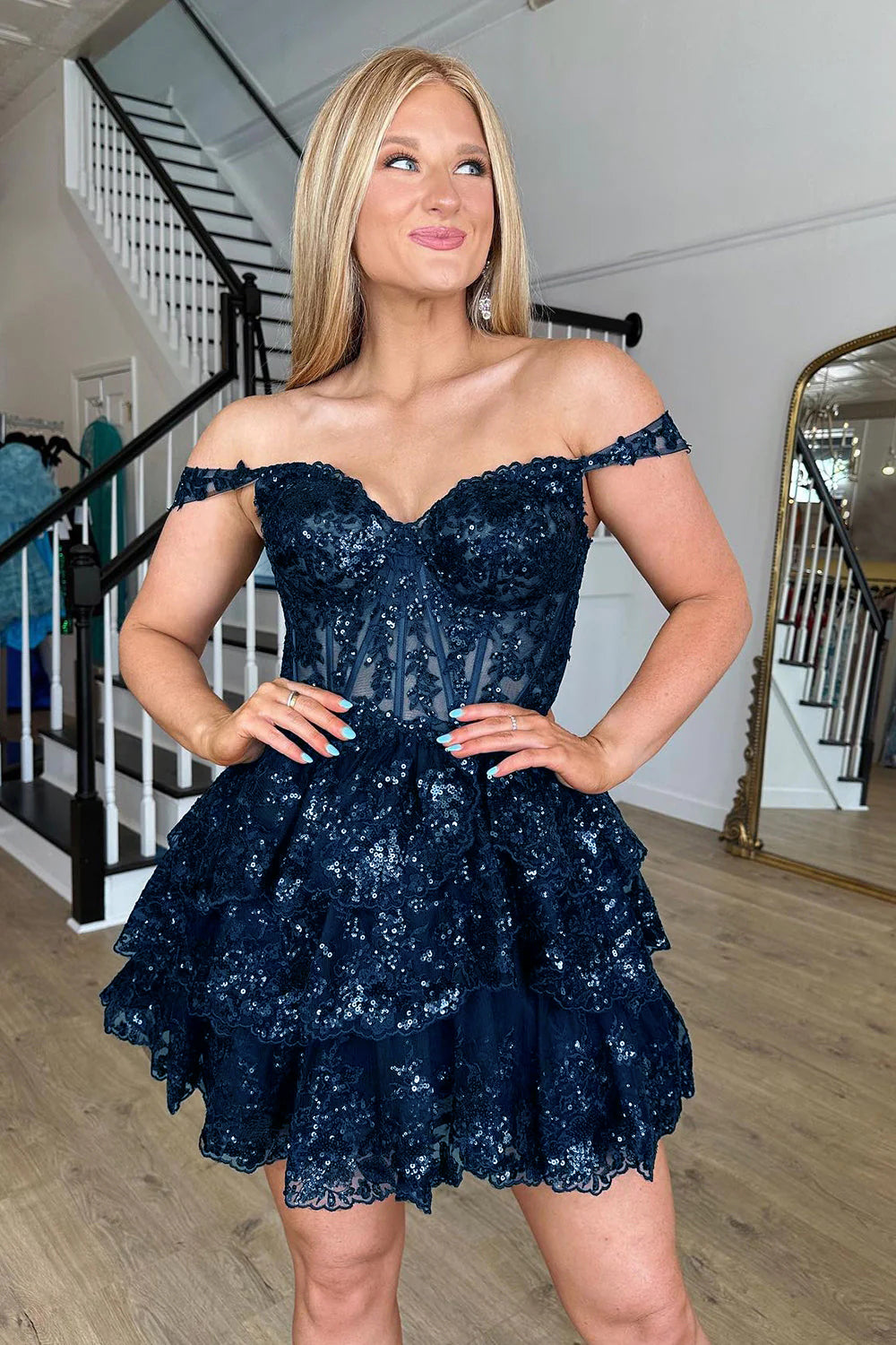 Blue Homecoming Dress Corset Tiered Lace A-Line Short Prom Dress