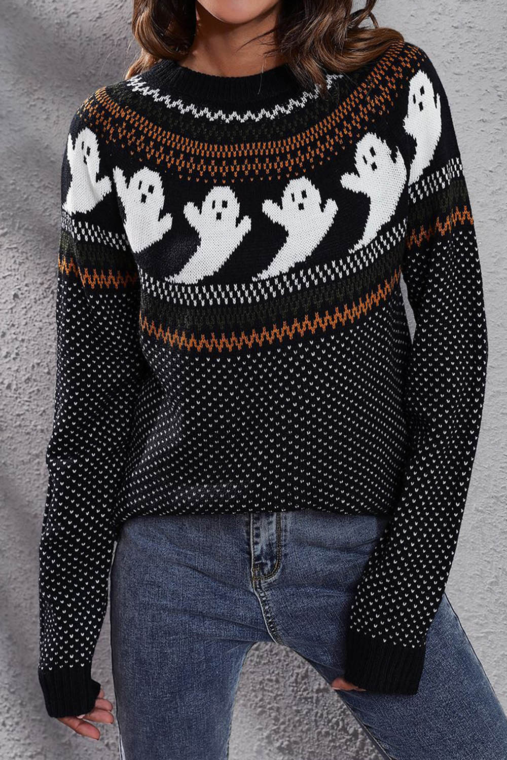 Halloween Ghost Retro Polka Dot Long Sleeve Knitted Sweater