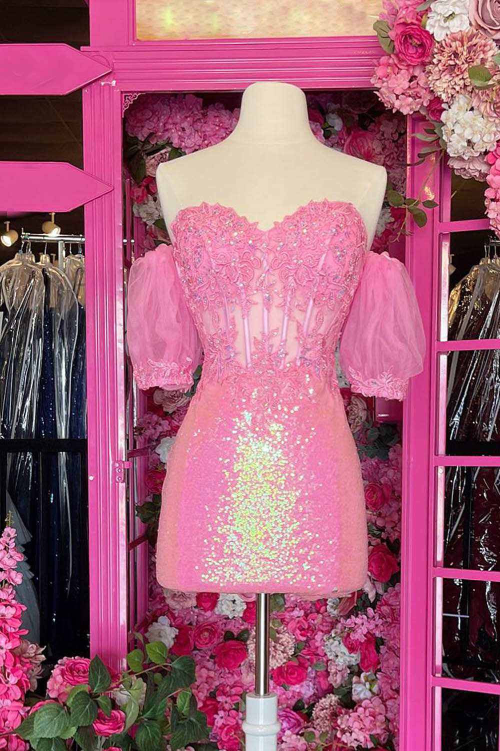 Pink Homecoming Dress Corset Detachable Short Sleeves Sequin Tight Short Prom Dress with Lace