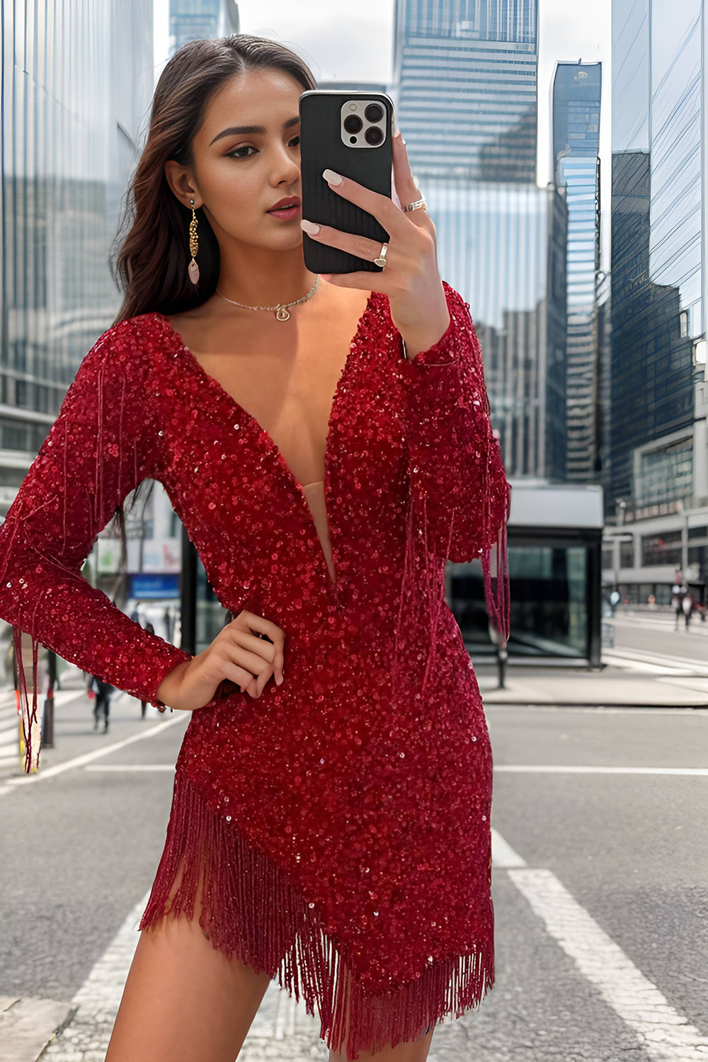 Dark Red Homecoming Dress Sequined Long Sleeves Tight Short Prom Dress with Fringes