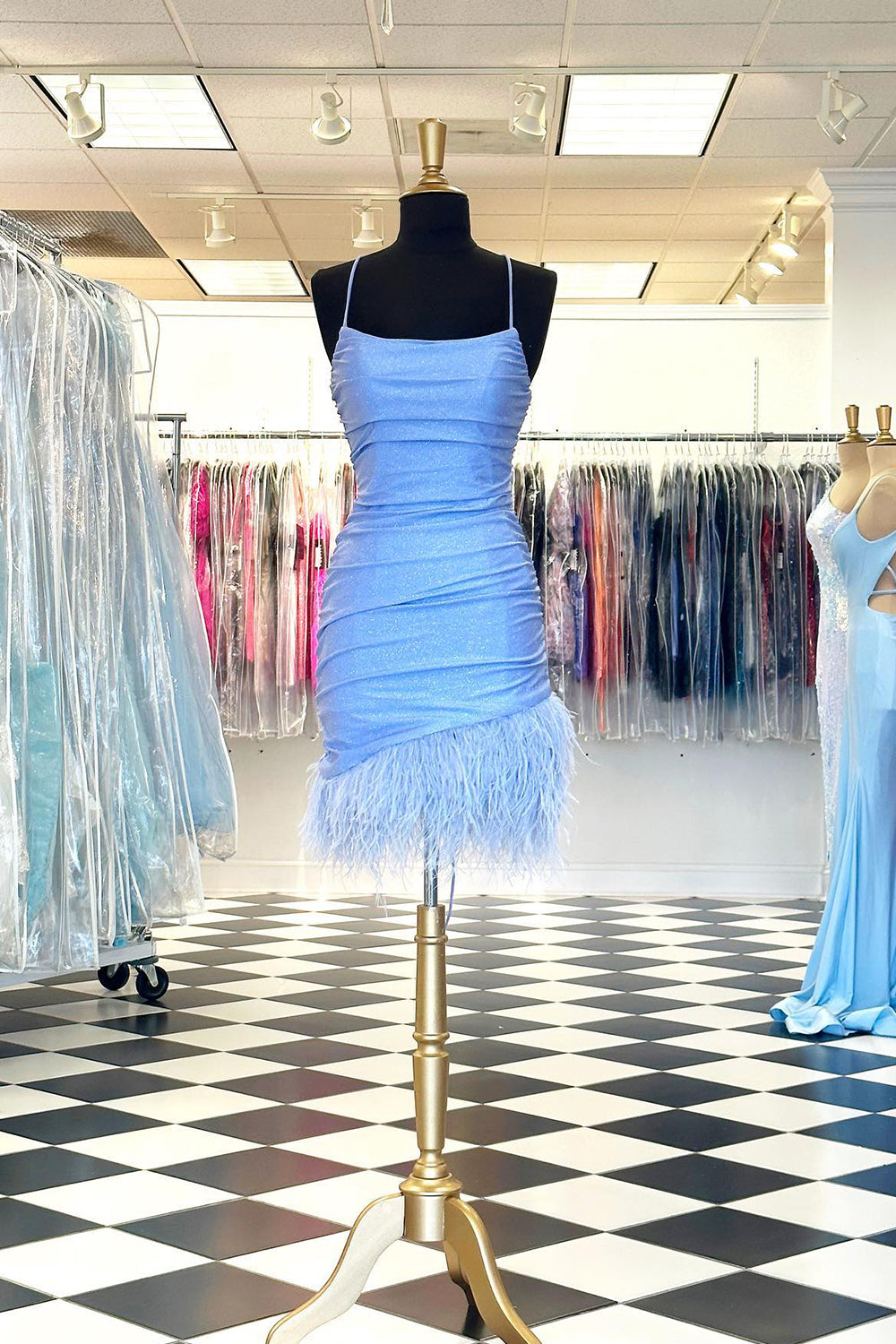 Glitter Light Blue Homecoming Dress Feathered Tight Short Prom Dress