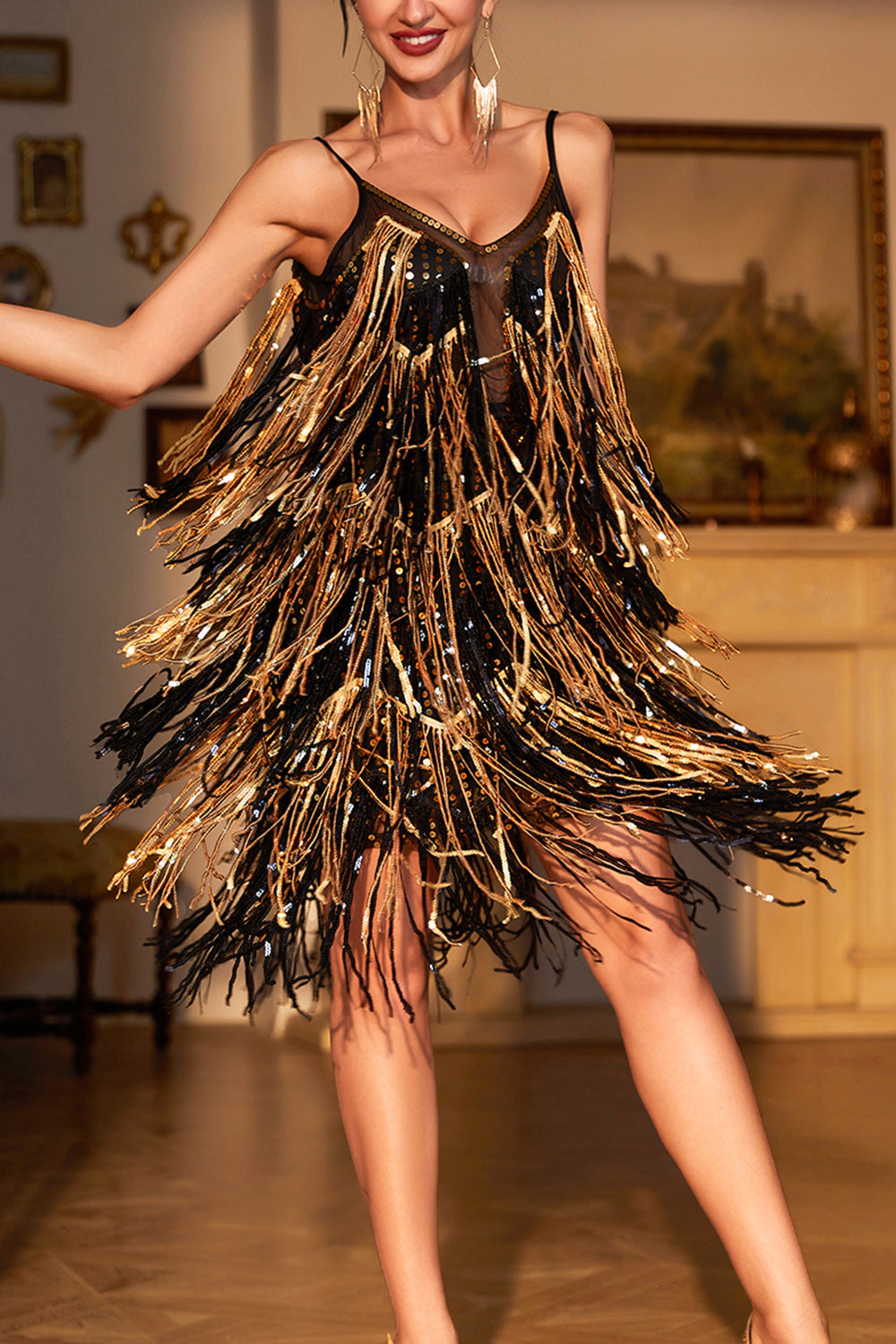 Black Golden Homecoming Dress A-Line Short Prom Dress with Fringes