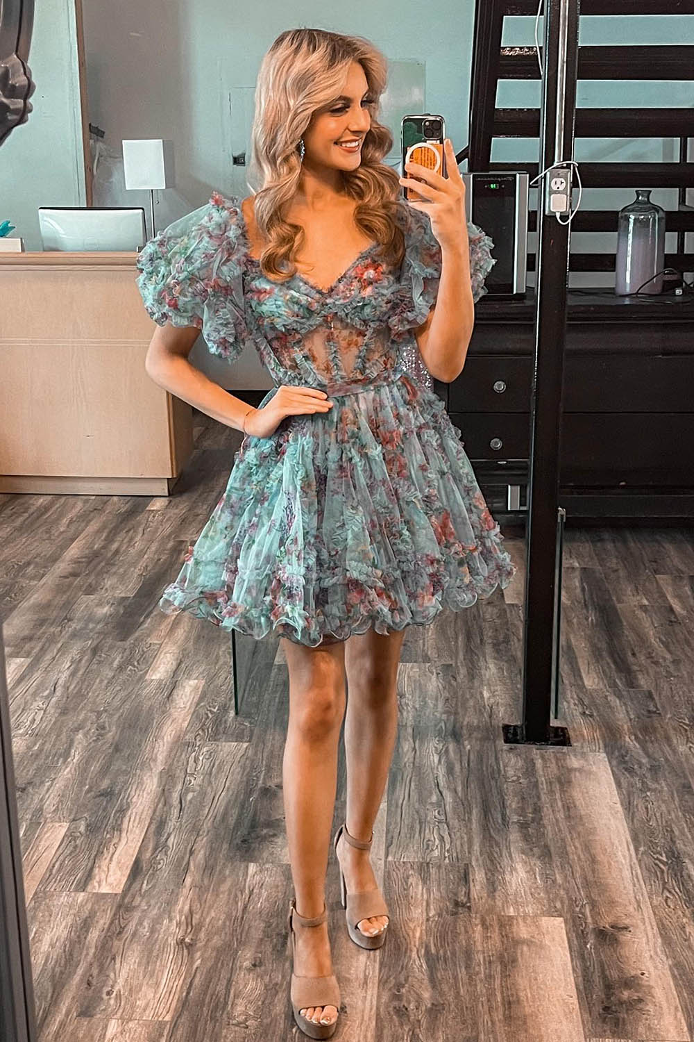 Off the Shoulder Prom Dress with Floral Print