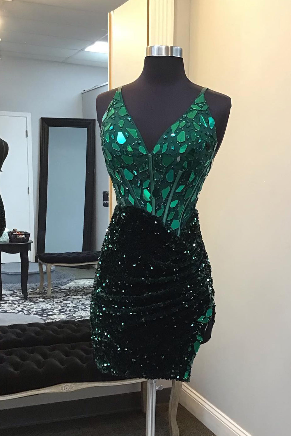 Dark Green Homecoming Dress Sequin Mirror Tight Short Prom Dress