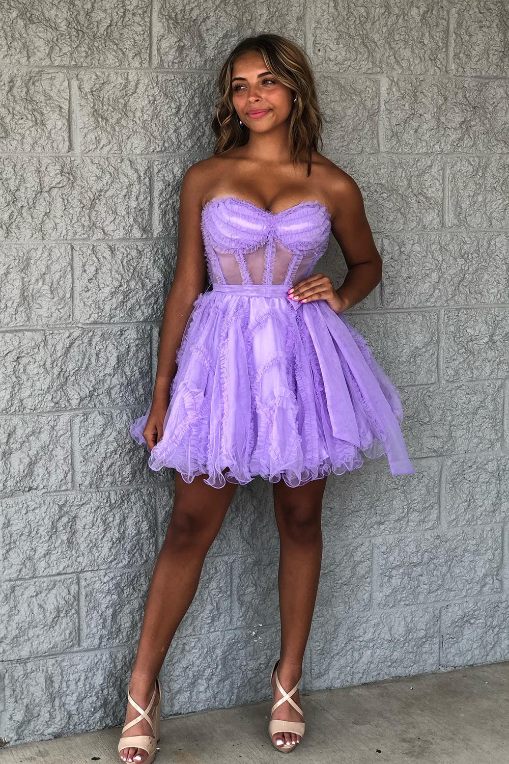 Lavender Homecoming Dress Corset Sweetheart A-Line Short Tulle Prom Dress