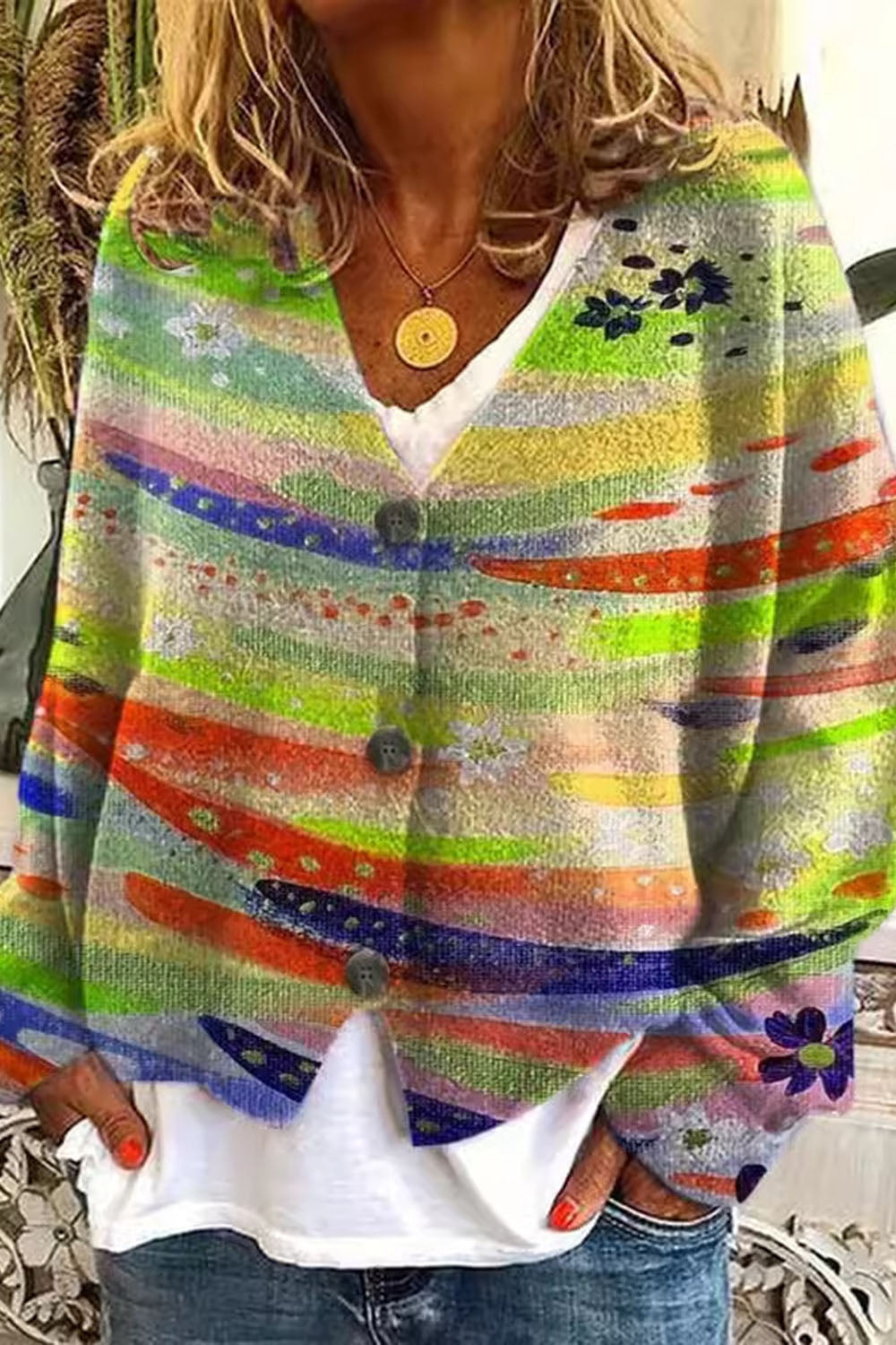 Women's cardigan 3D fashionable rainbow printed casual sweater jacket