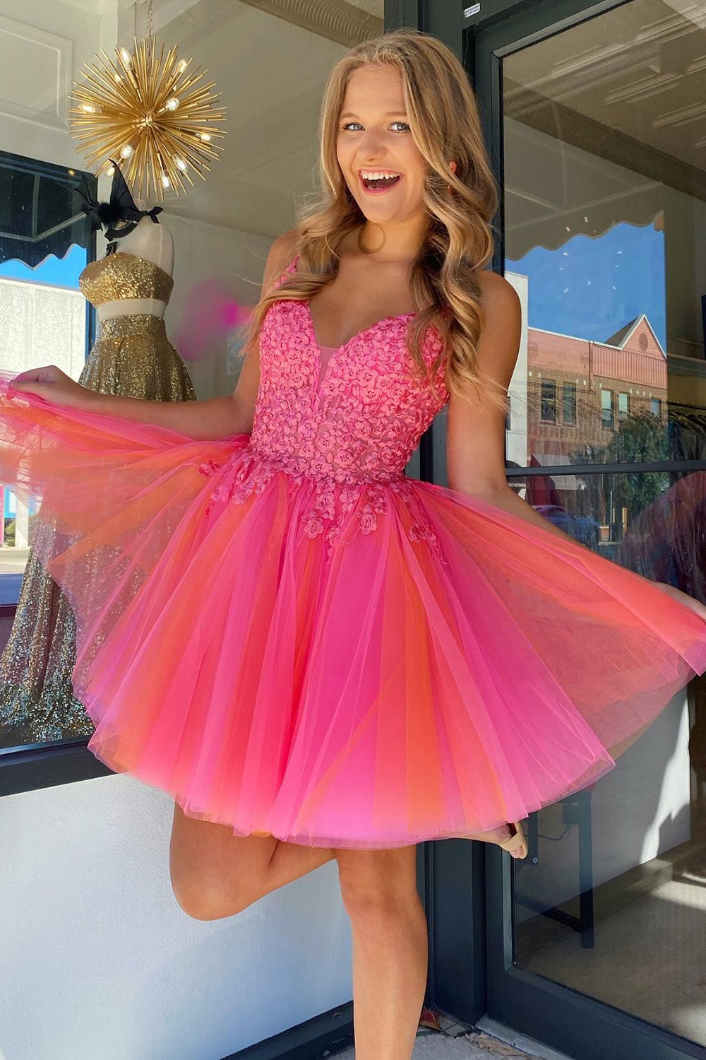 Hot Pink Homecoming Dress A-Line Tulle Short Prom Dress with Lace