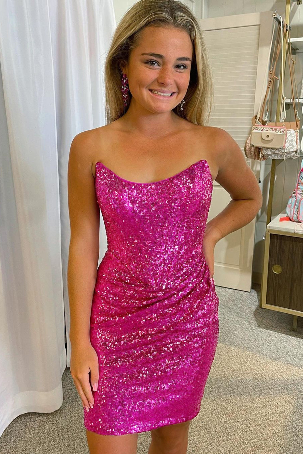 Fuchsia Homecoming Dress Detachable Off the Shoulder Sequin Tight Prom Dress