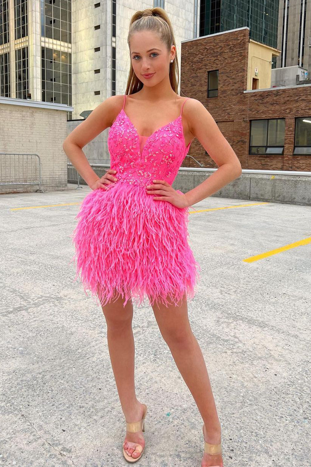 Pink Homecoming Dress Sequin Tight Prom Dress with Feathers