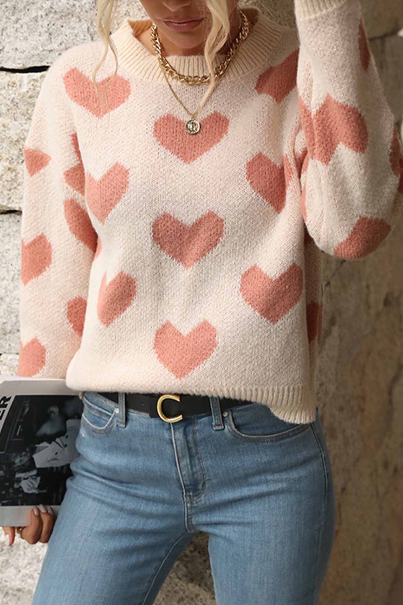 Heart Printed Crew Neck Knitted Sweater