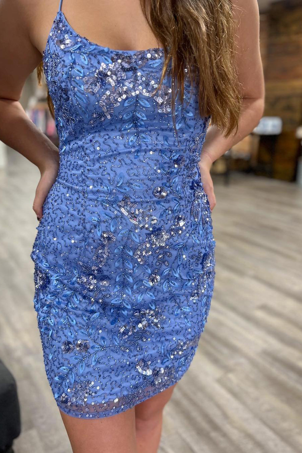 Blue Homecoming Dress Sequined Beaded Backless Tight Short Prom Dress