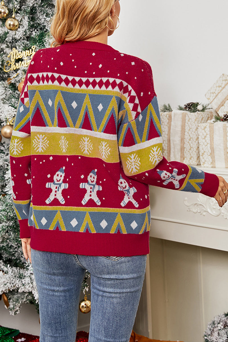 Christmas Color Block Snowflake Snowman Pullover Sweater