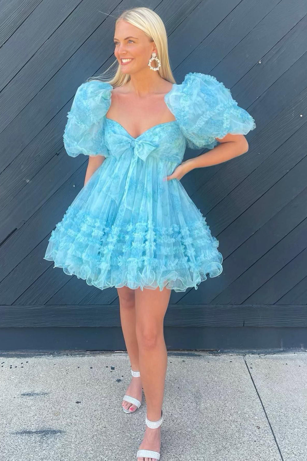 Blue Homecoming Dress Puff Sleeves A-Line Floral Short Prom Dress with Ruffles