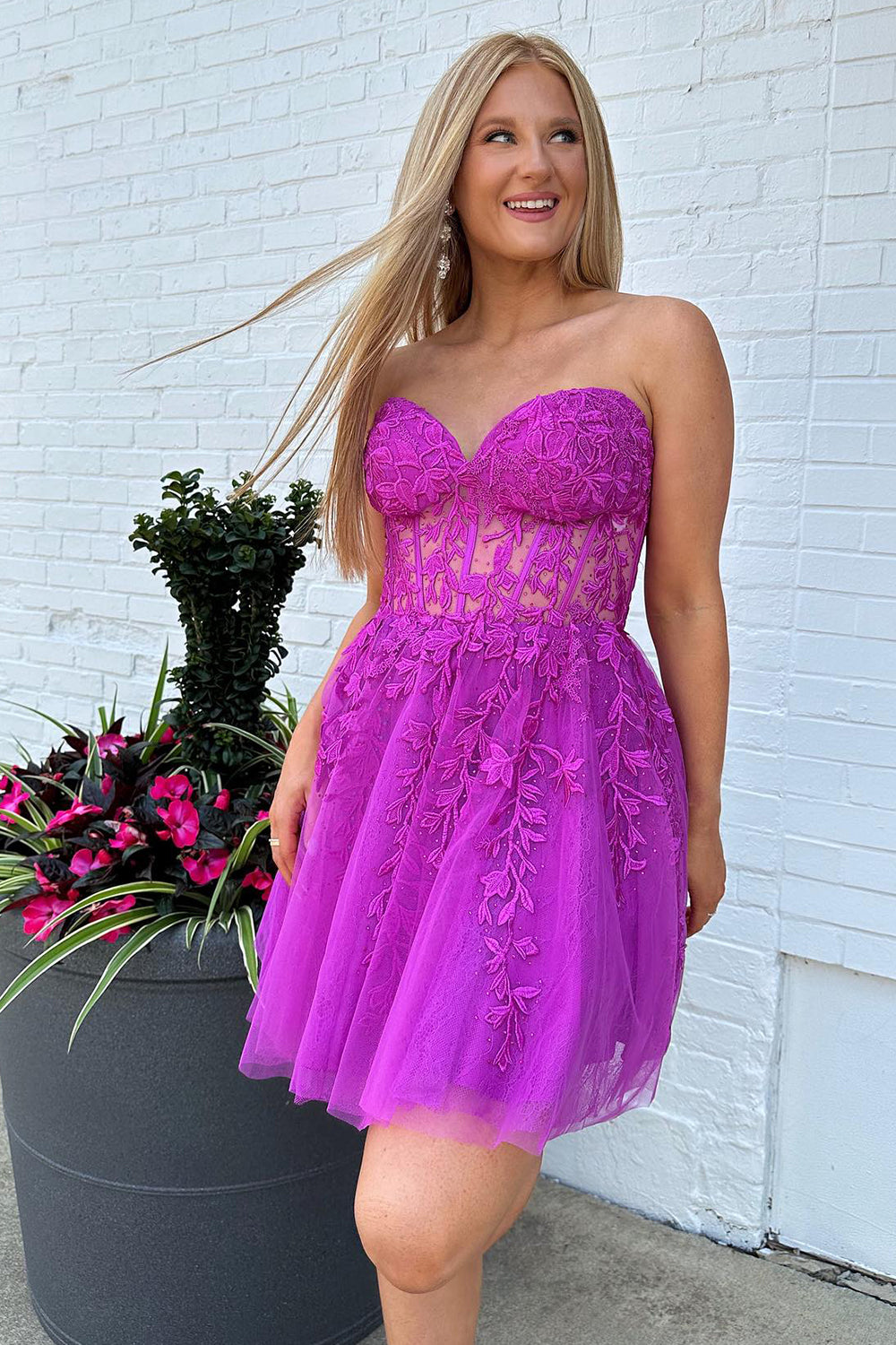 Fuchsia Homecoming Dress Corset A-Line Tulle Short Prom Dress with Lace