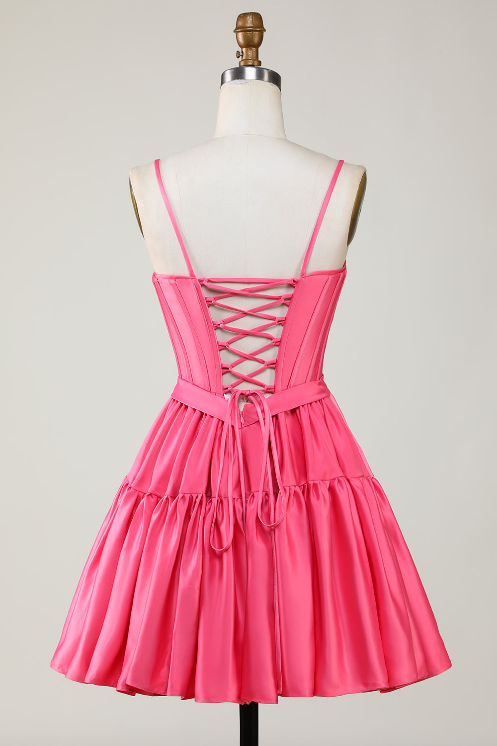 Fuchsia Homecoming Dress Spaghetti Straps Lace-Up Back A-Line Short Satin Prom Dress