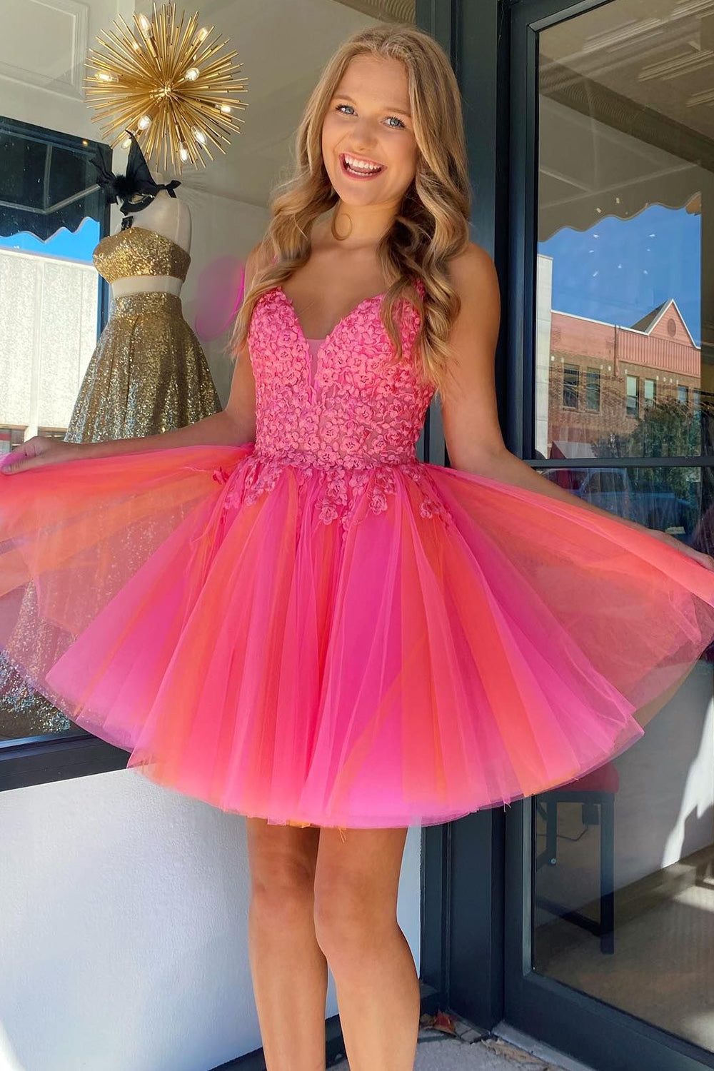 Hot Pink Homecoming Dress A-Line Tulle Short Prom Dress with Lace