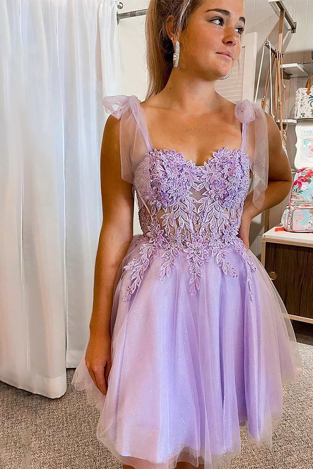 Purple Homecoming Dress Corset A-Line Tulle Short Prom Dress with Lace