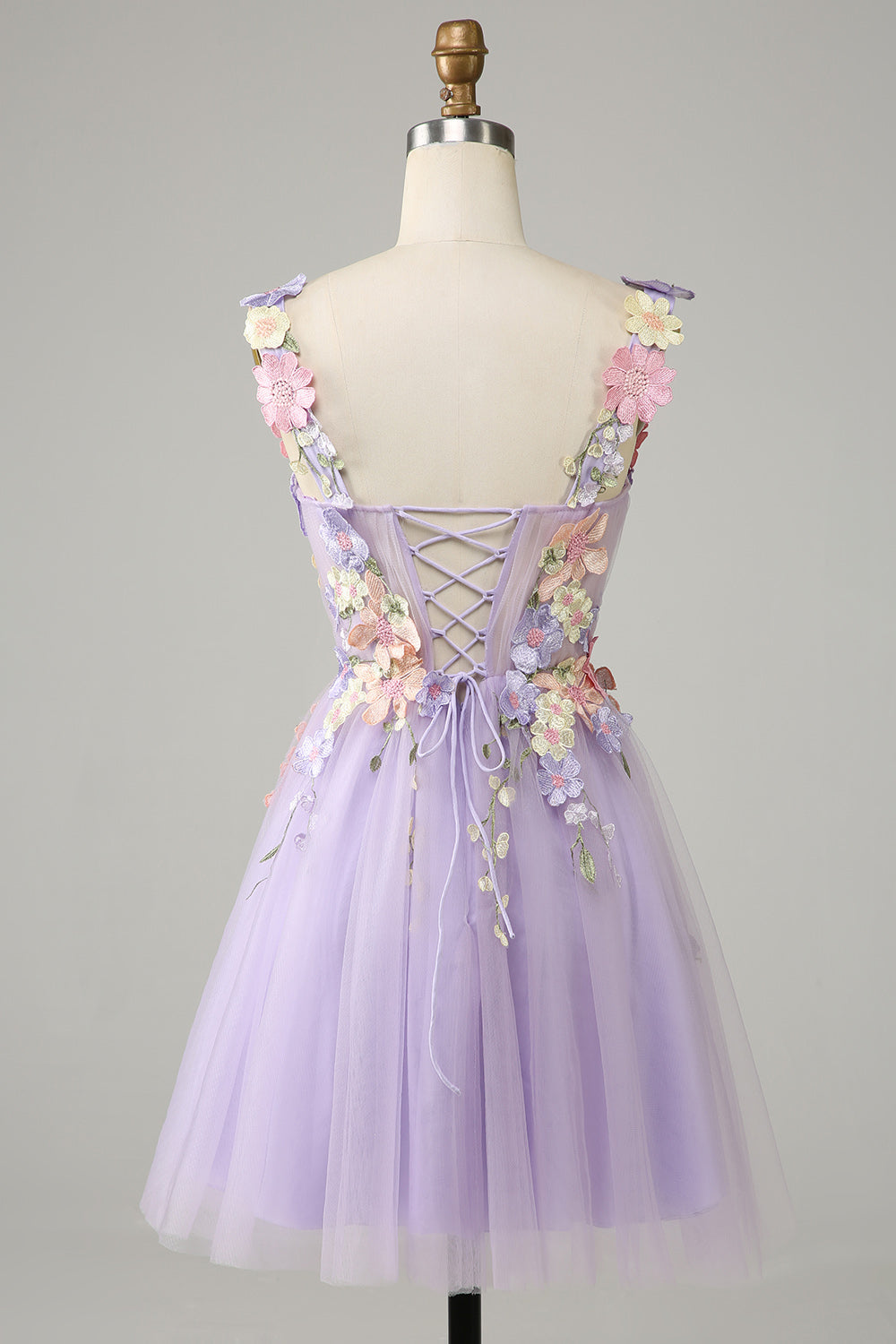 Purple Homecoming Dress Spaghetti Straps Tulle Prom Dress With 3D Flowers