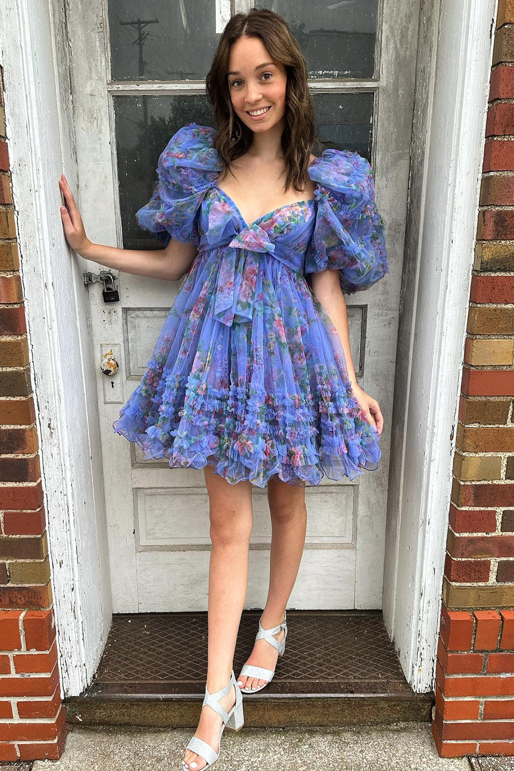 Dark Blue Homecoming Dress Puff Sleeves A-Line Floral Short Prom Dress with Ruffles