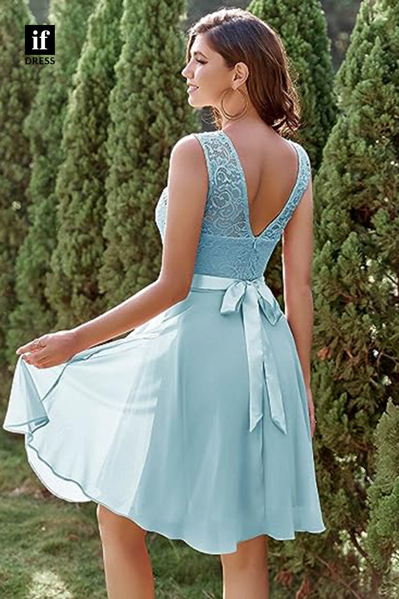 F1538 - Classy Straps Scoop Bow-Knot Chiffon Short Coxktail Homecoming Dress