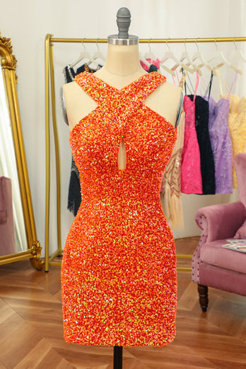 Glitter Orange Homecoming Dress Halter Backless Sequin Tight Prom Dress