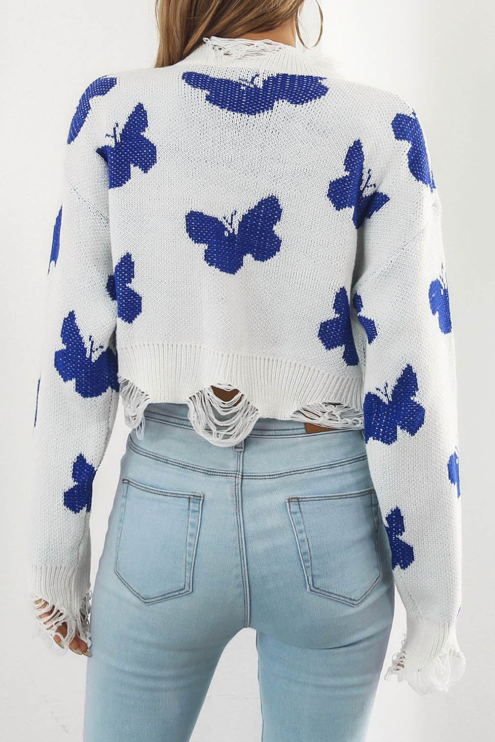 Ripped Butterfly Jacquard Cropped Sweater