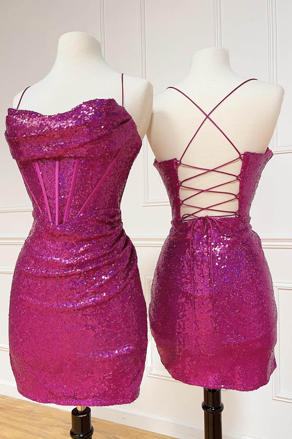 Hot Pink Homecoming Dress Corset Sequined Tight Short Prom Dress