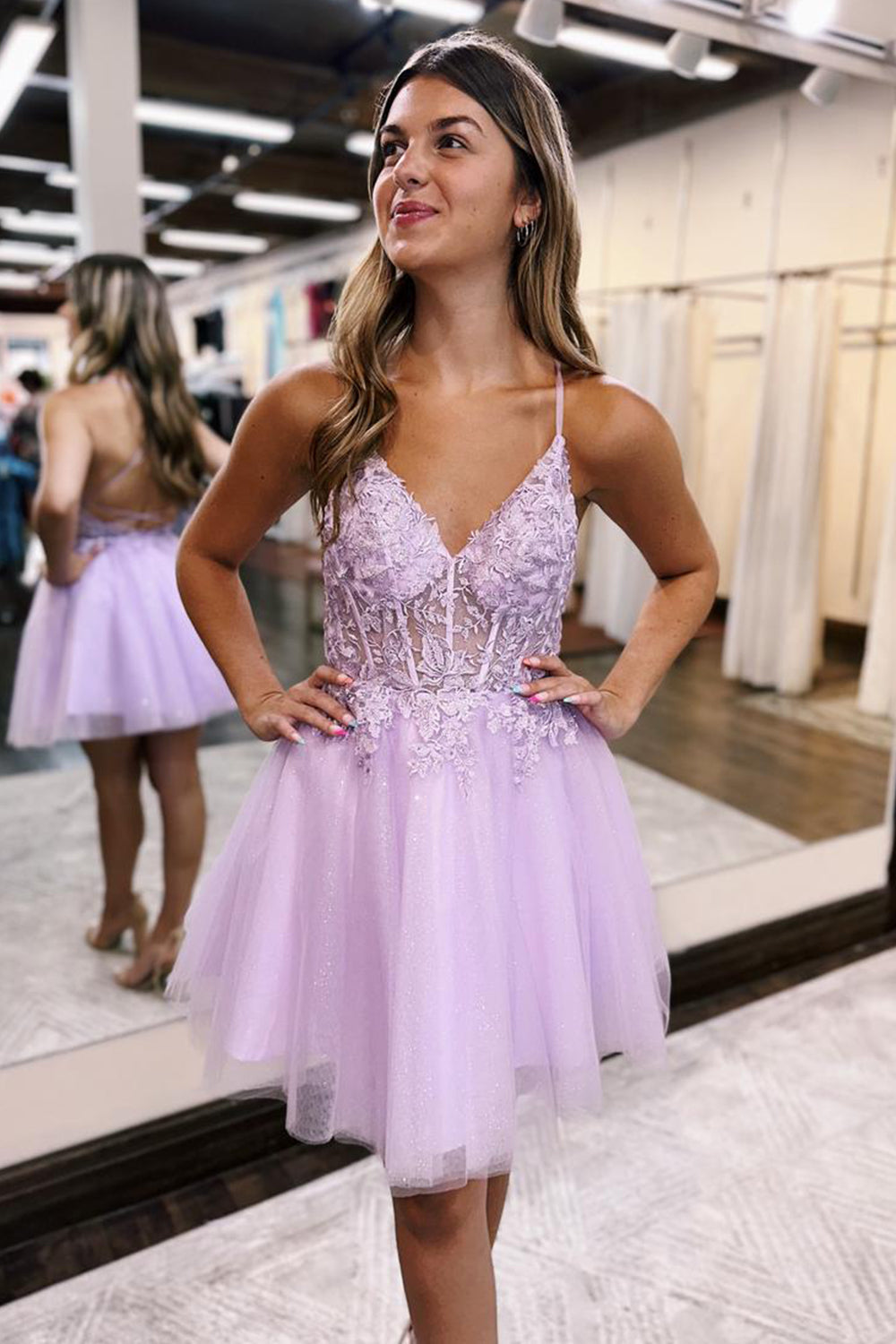 Glitter Lilac Homecoming Dress Corset A-Line Tulle Short Prom Dress with Lace