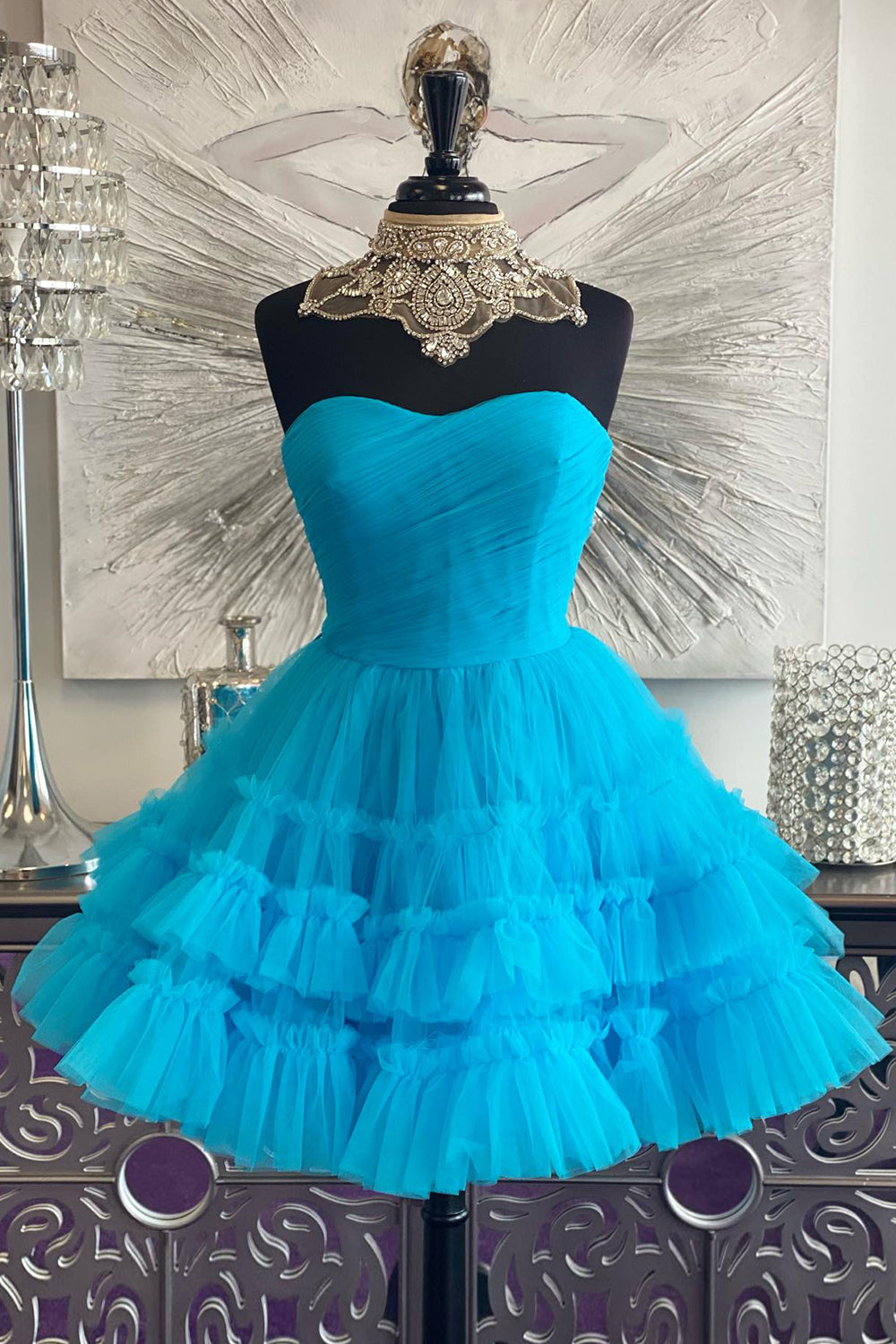 Black Homecoming Dress A-Line Sweetheart Tulle Tiered Corset Short Prom Dress