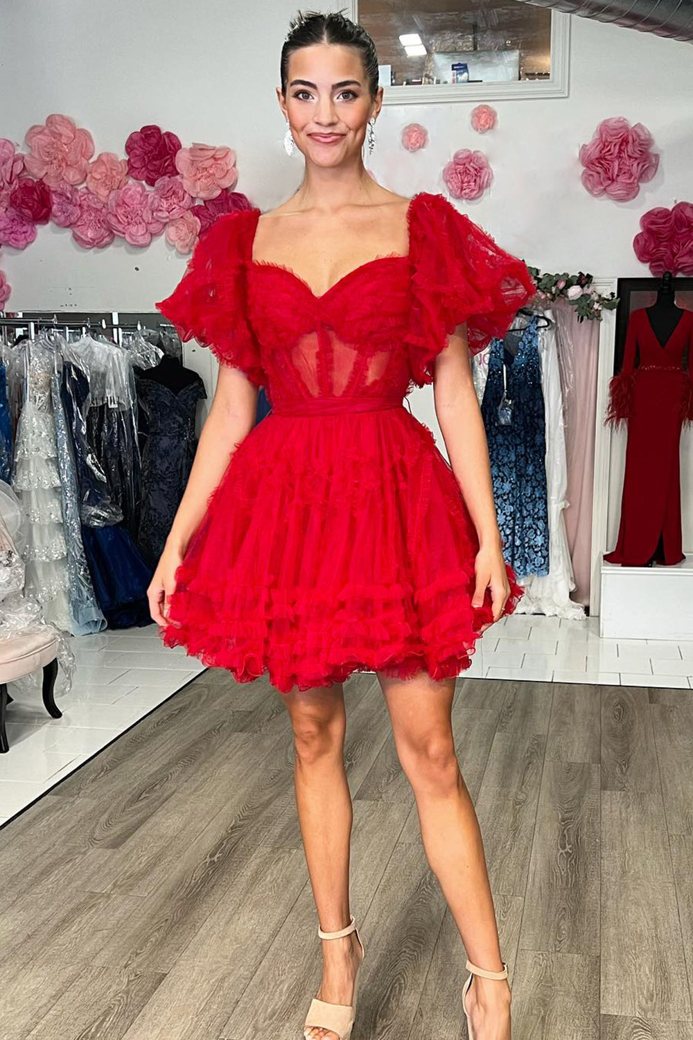 Red Homecoming Dress Corset A-Line Short Prom Dress with Sleeves