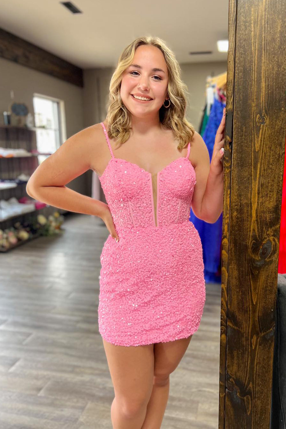 Pink Homecoming Dress Sequin Corset Tight Short Prom Dress