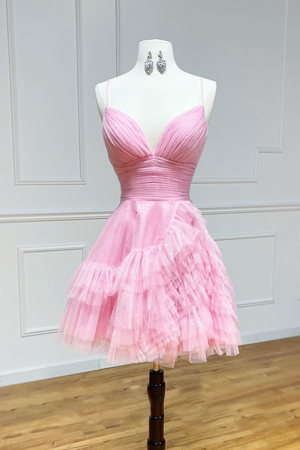 Glitter Pink Homecoming Dress Tulle A-Line Short Ruffled Prom Dress