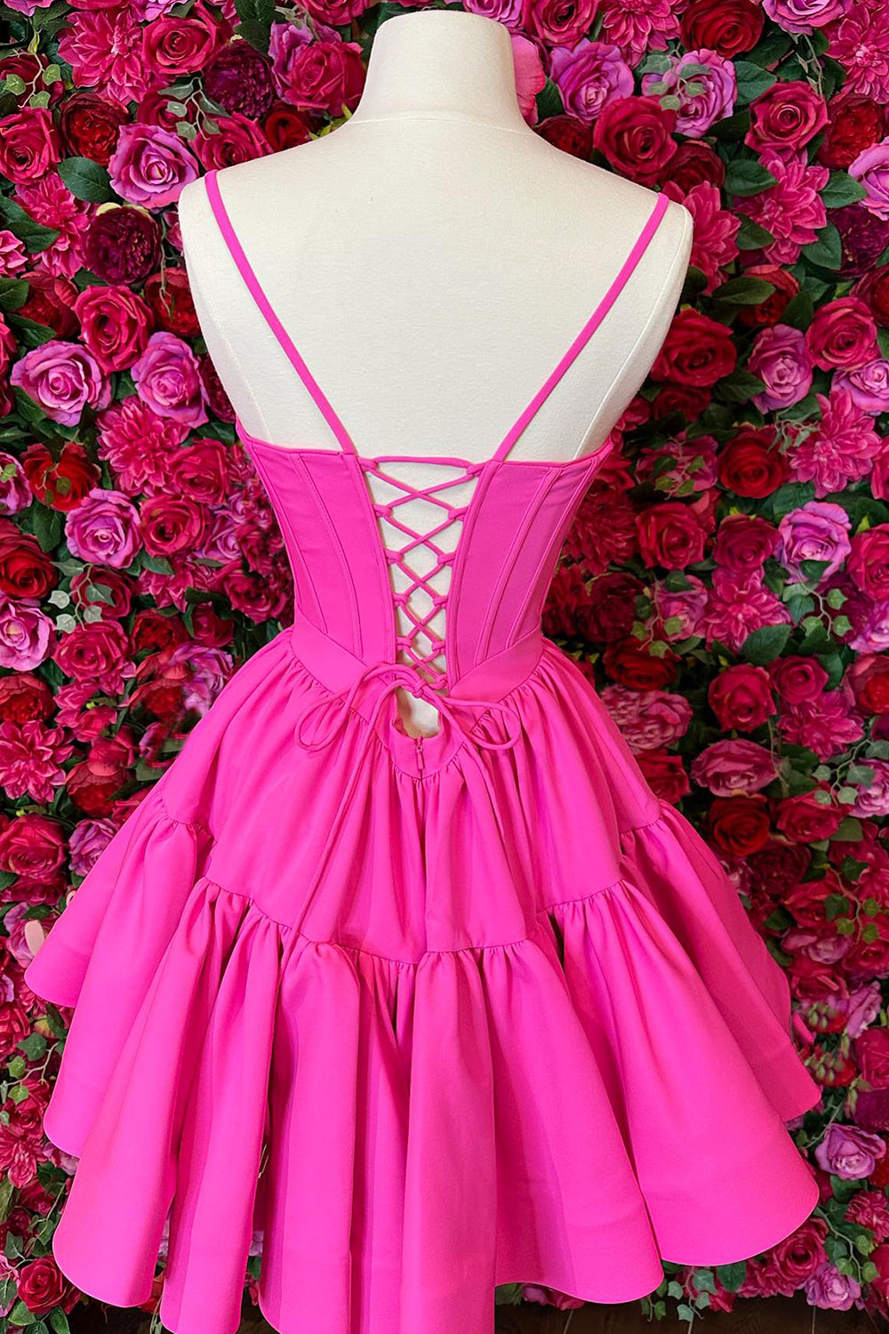 Fuchsia Homecoming Dress Spaghetti Straps Lace-Up Back A-Line Short Satin Prom Dress