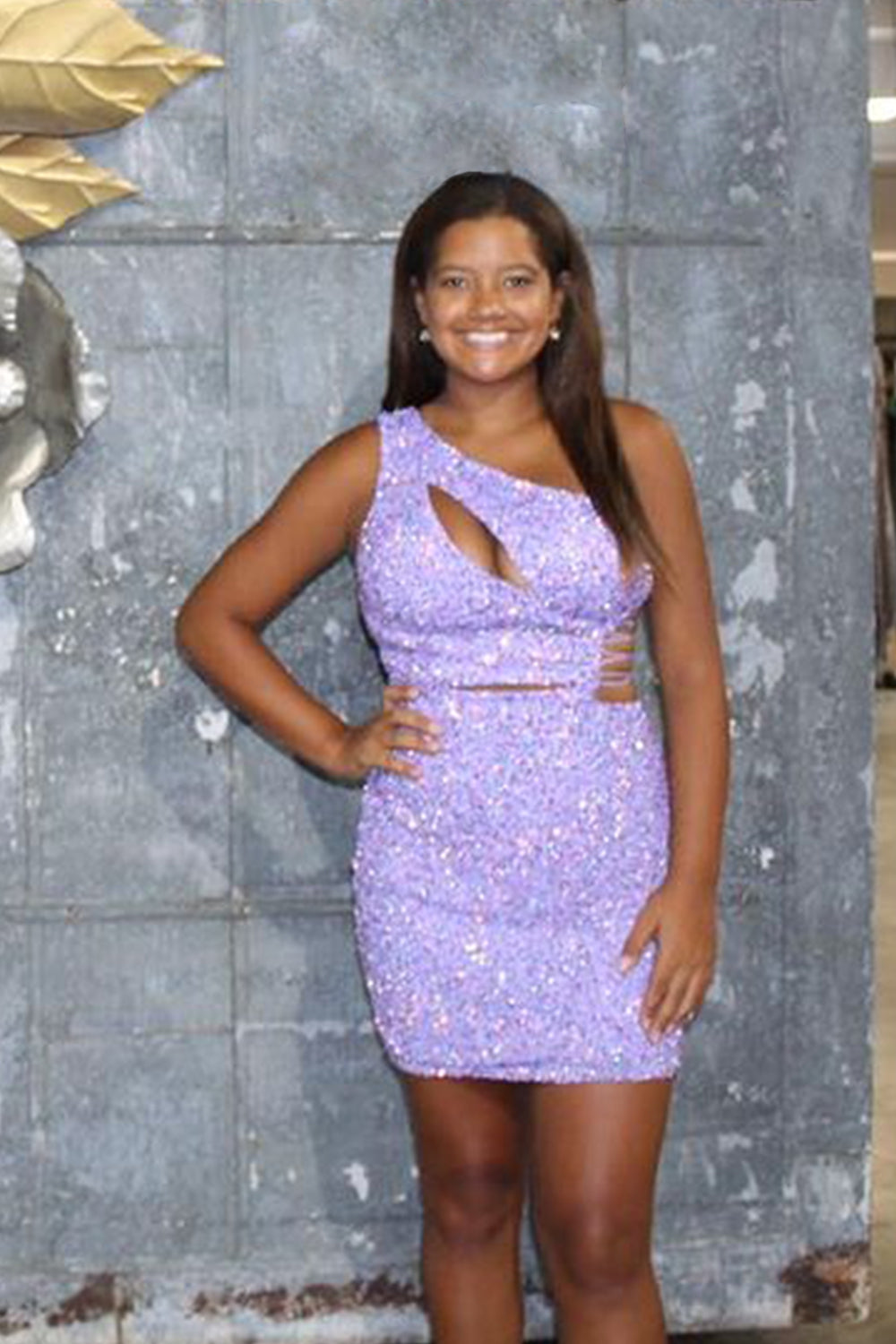 Purple Homecoming Dress One Shoulder Cut Out Sequin Tight Short Prom Dress