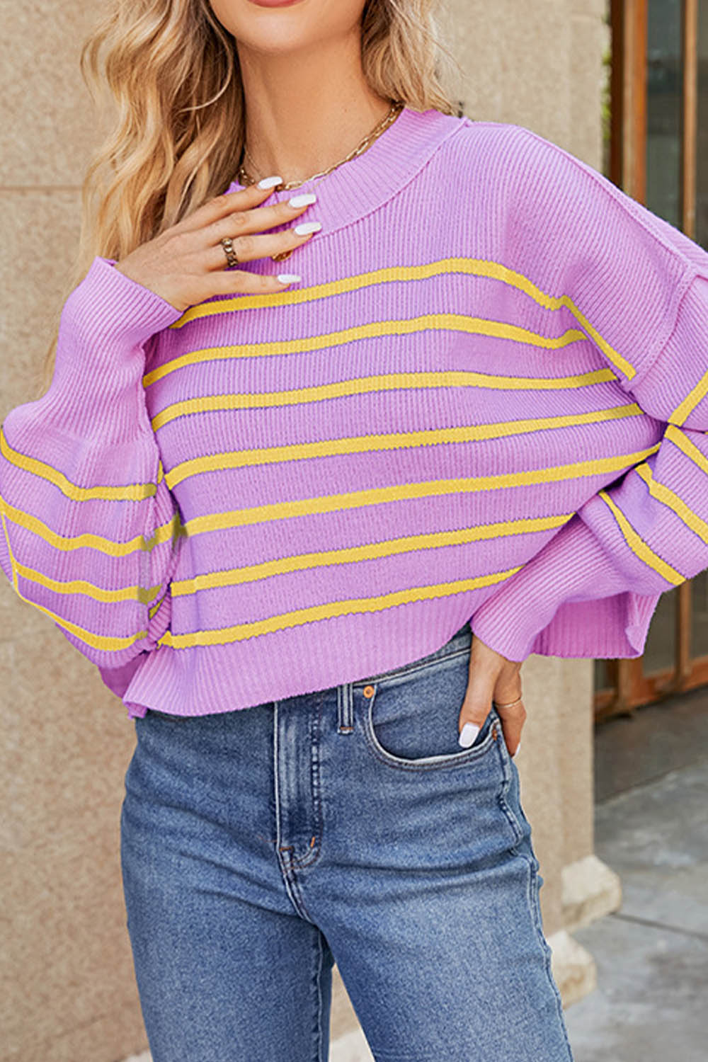 Striped Round Neck Loose Cropped Sweater