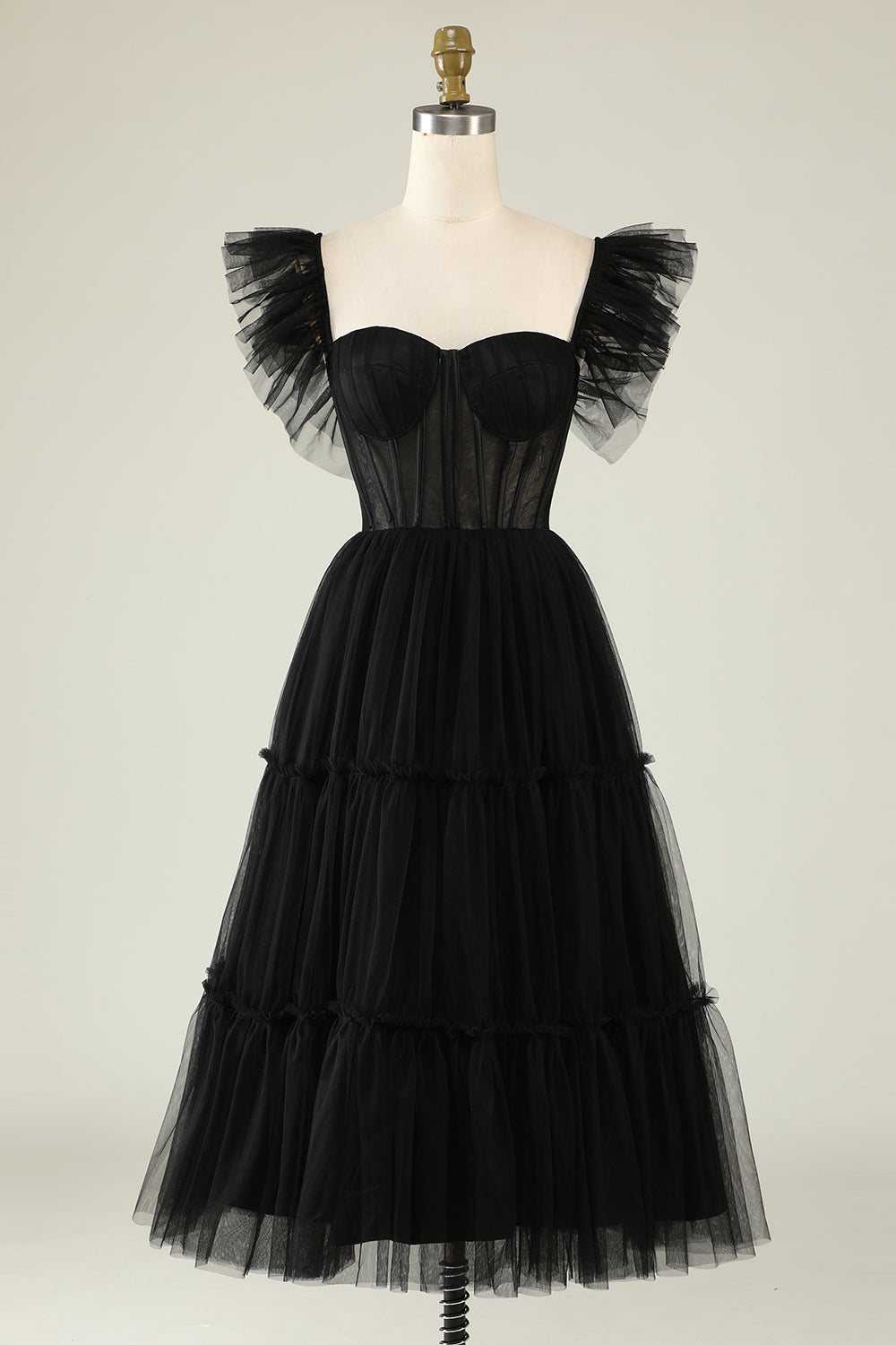 Black Homecoming Dress A-Line Corset Ruffled Tulle Prom Dress