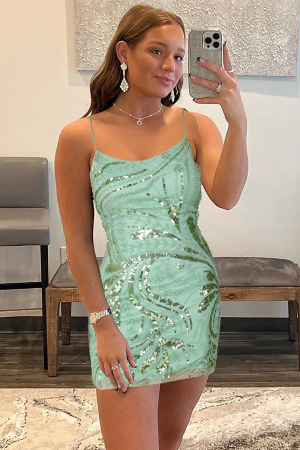 Glitter Green Homecoming Dress Sequin Tight Beaded Short Prom Dress