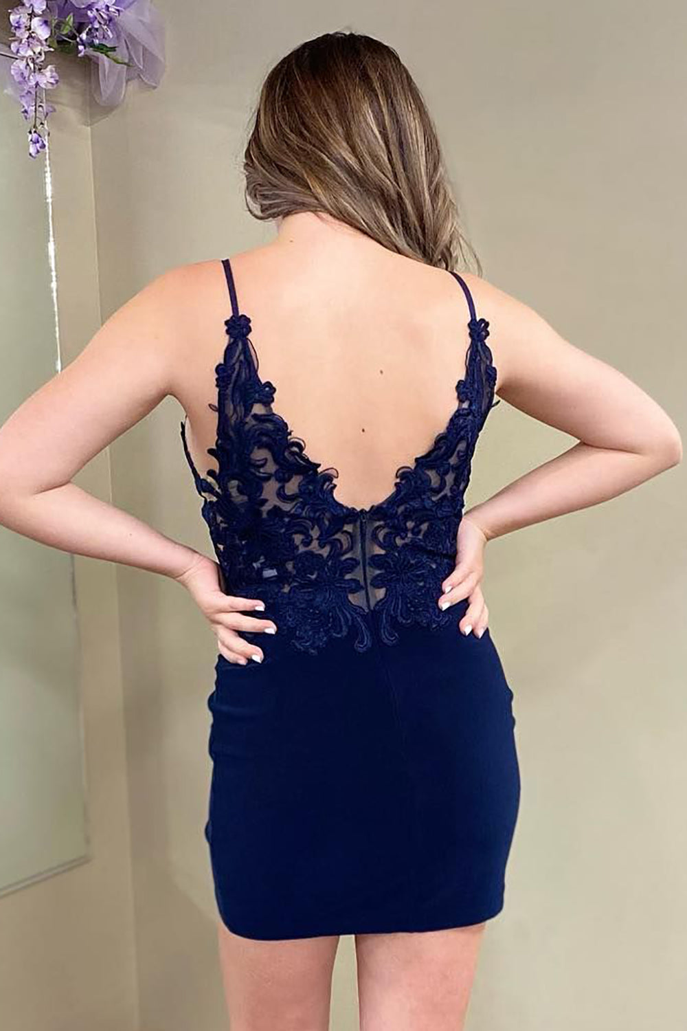 Navy Homecoming Dress Spaghetti Straps Tight Short Prom Dress with Lace