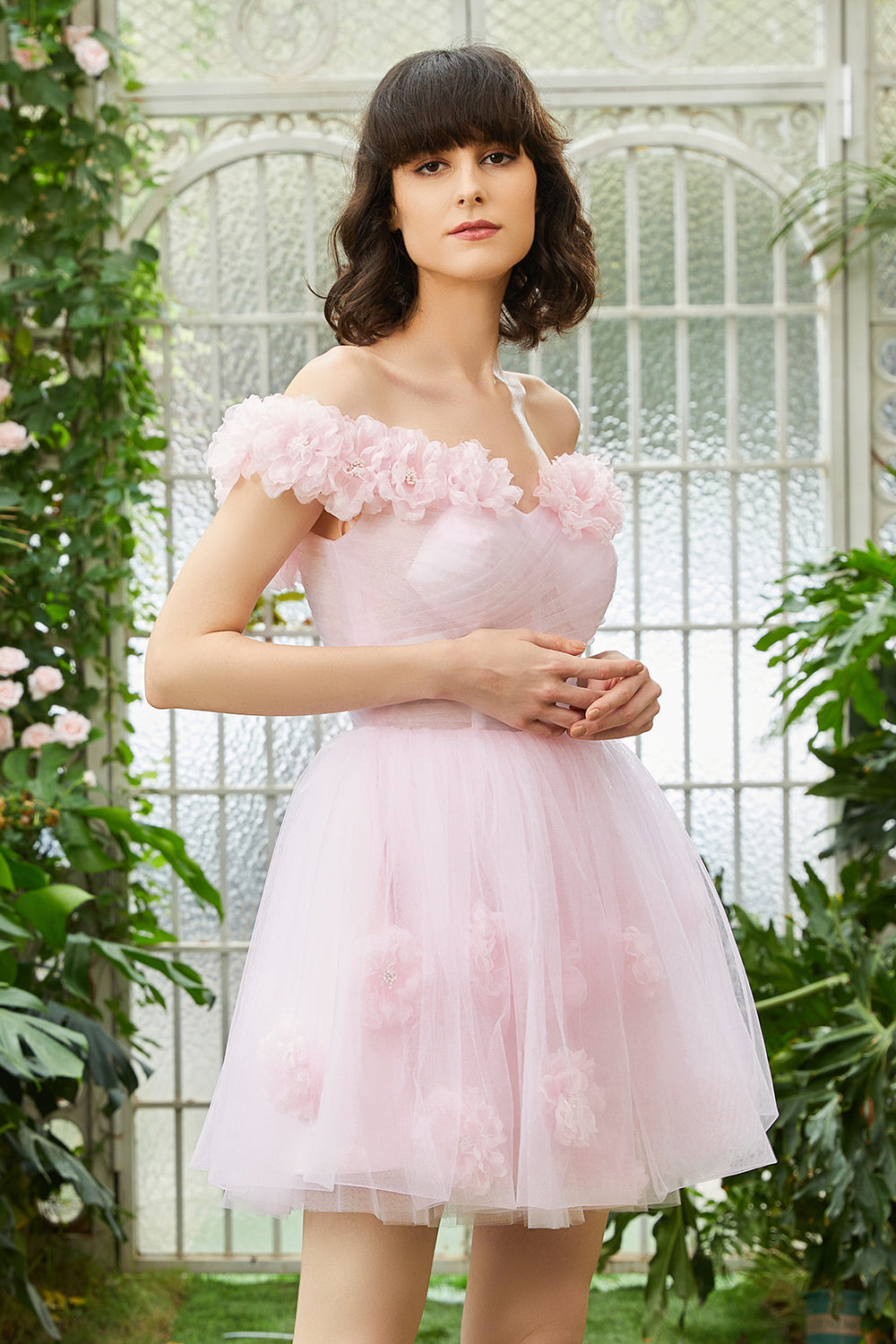 Pink Homecoming Dress Off the Shoulder Corset Prom Dress With Flowers