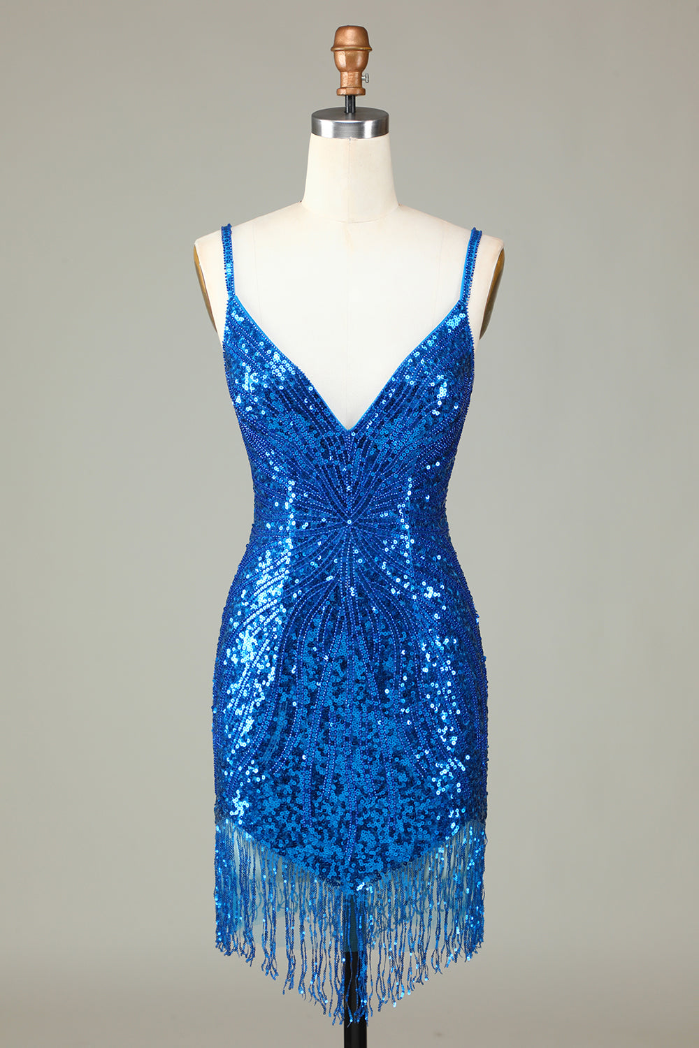 Bodycon Spaghetti Straps Blue Homecoming Dress Sequin Short Prom Dress with Tassel