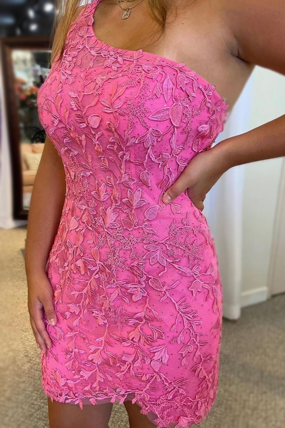 Pink Homecoming Dress One Shoulder Lace Tight Short Prom Dress with Beading