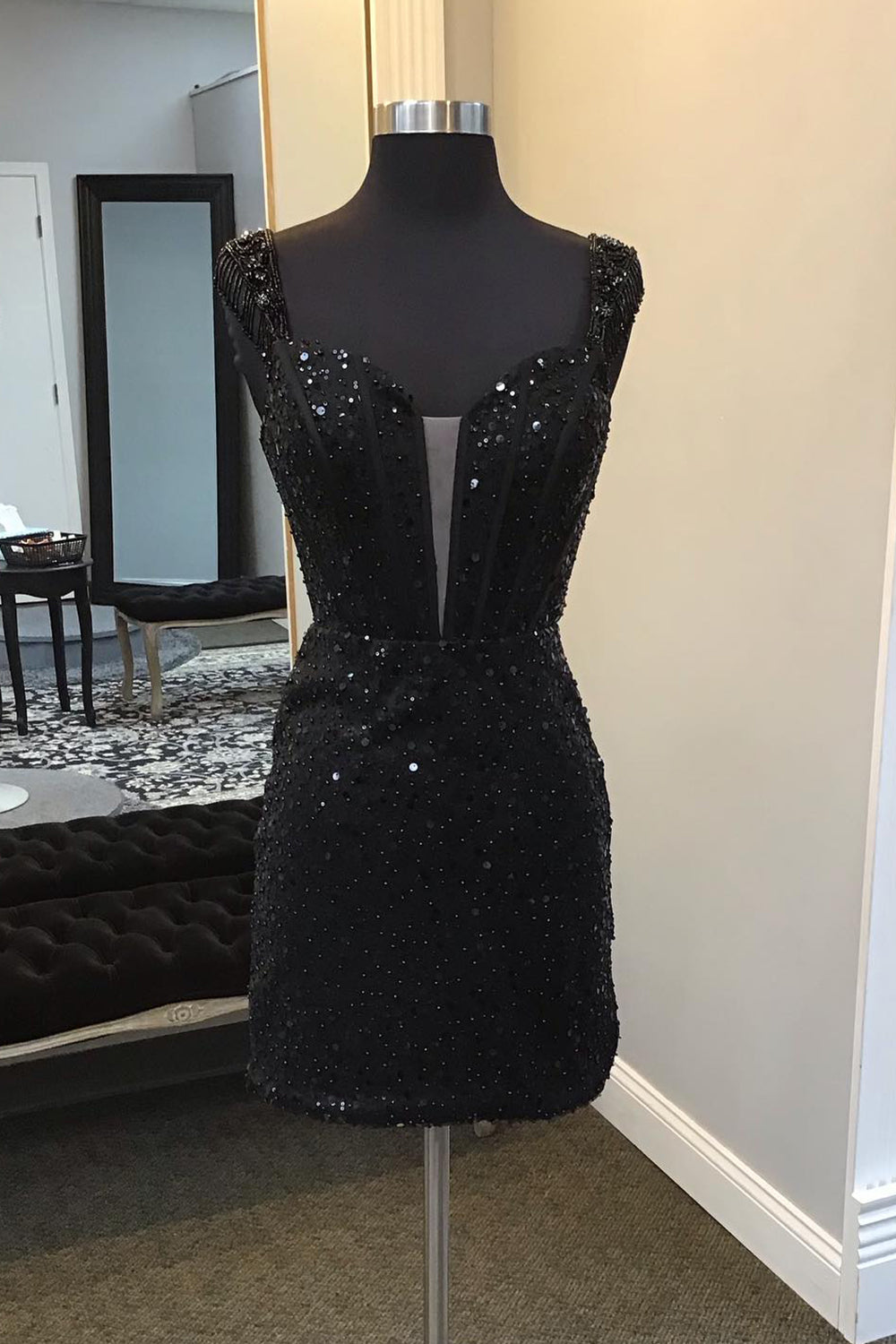 Black Homecoming Dress Corset Fringed Sequin Tight Short Prom Dress