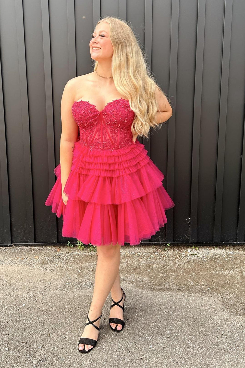 Glitter Pink Homecoming Dress Corset A-Line Tiered Short Prom Dress with Lace