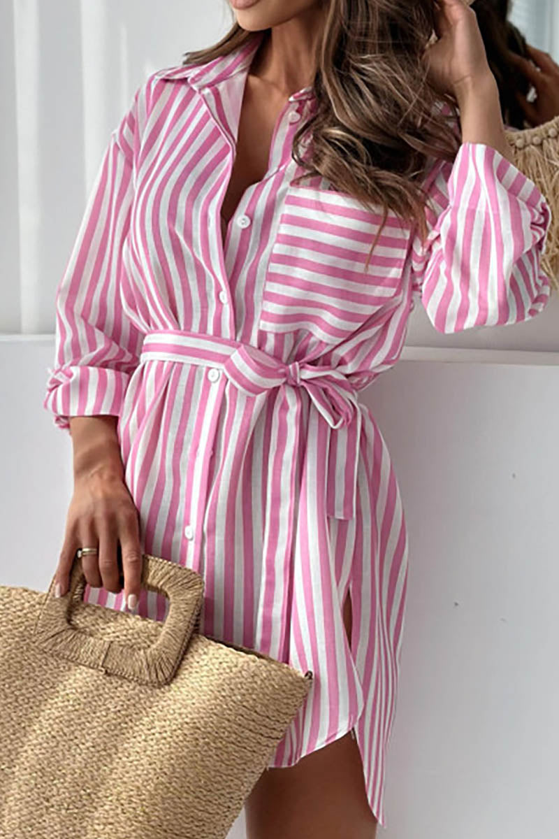 Casual Striped Belt Long Sleeve Midi Shirt