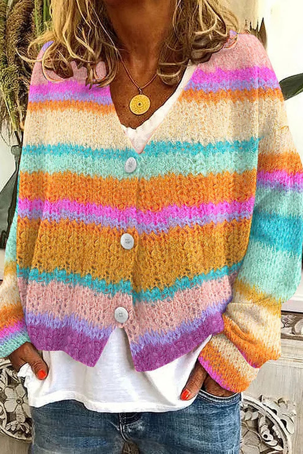 Women's cardigan 3D fashionable rainbow printed casual sweater jacket