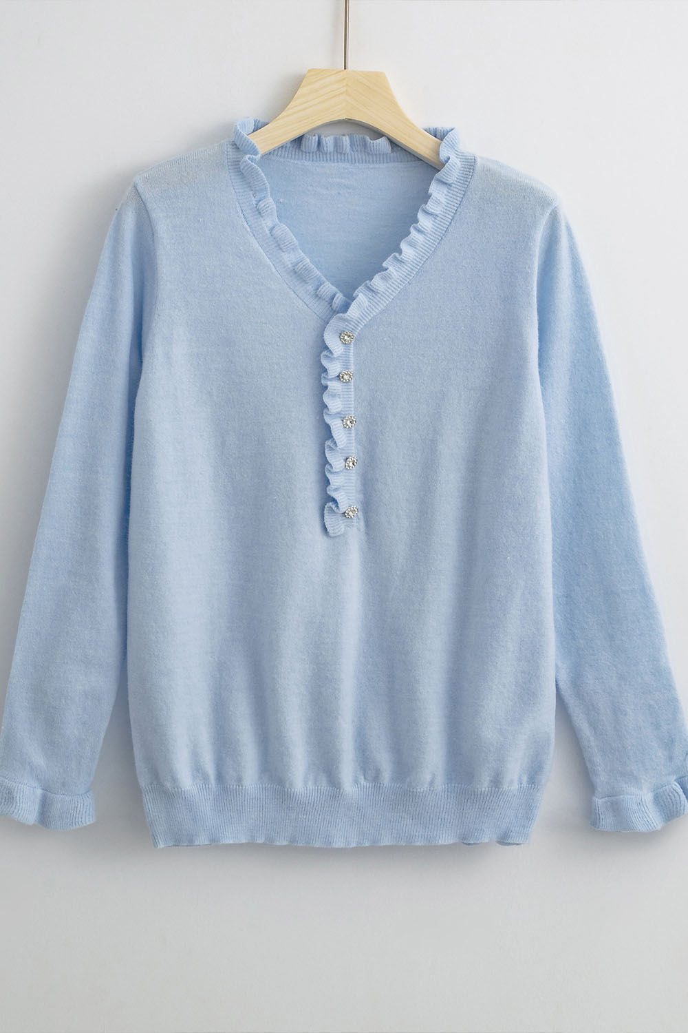 Women's solid color ruffled POLO collar long-sleeved sweater