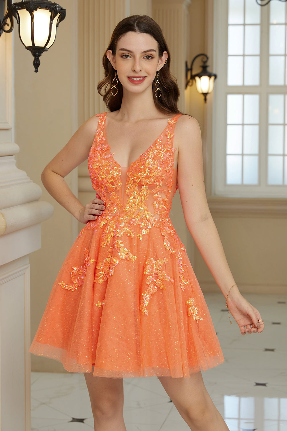 Orange Homecoming Dress A Line Glitter Prom Dress with Sequin