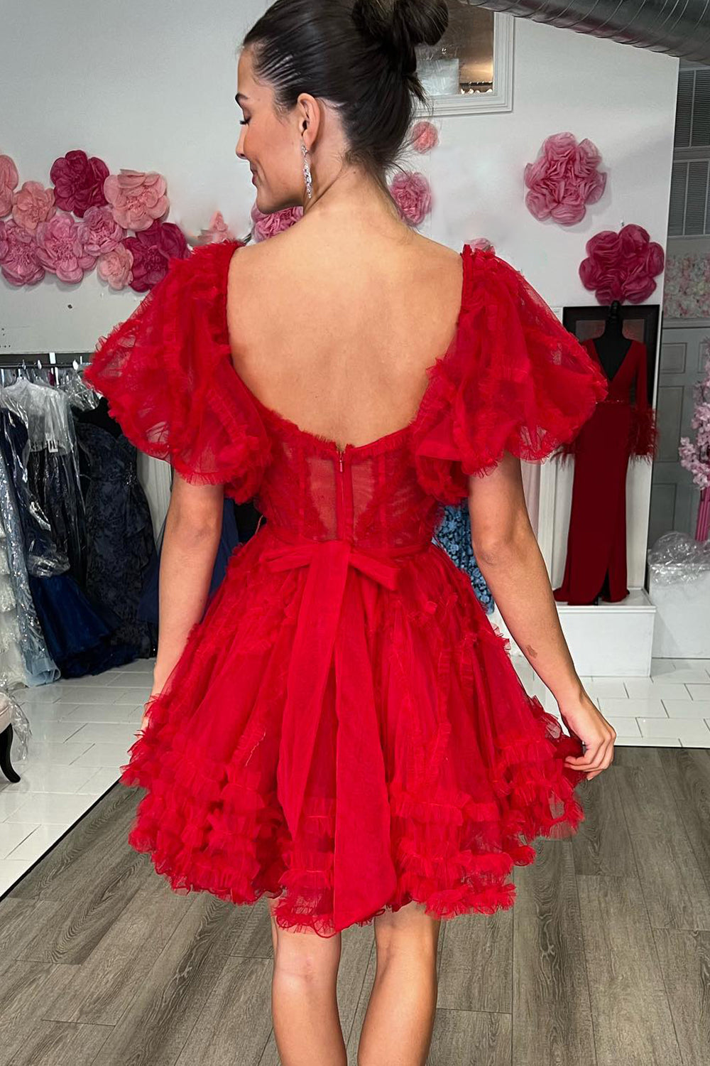 Red Homecoming Dress Corset A-Line Short Prom Dress with Sleeves