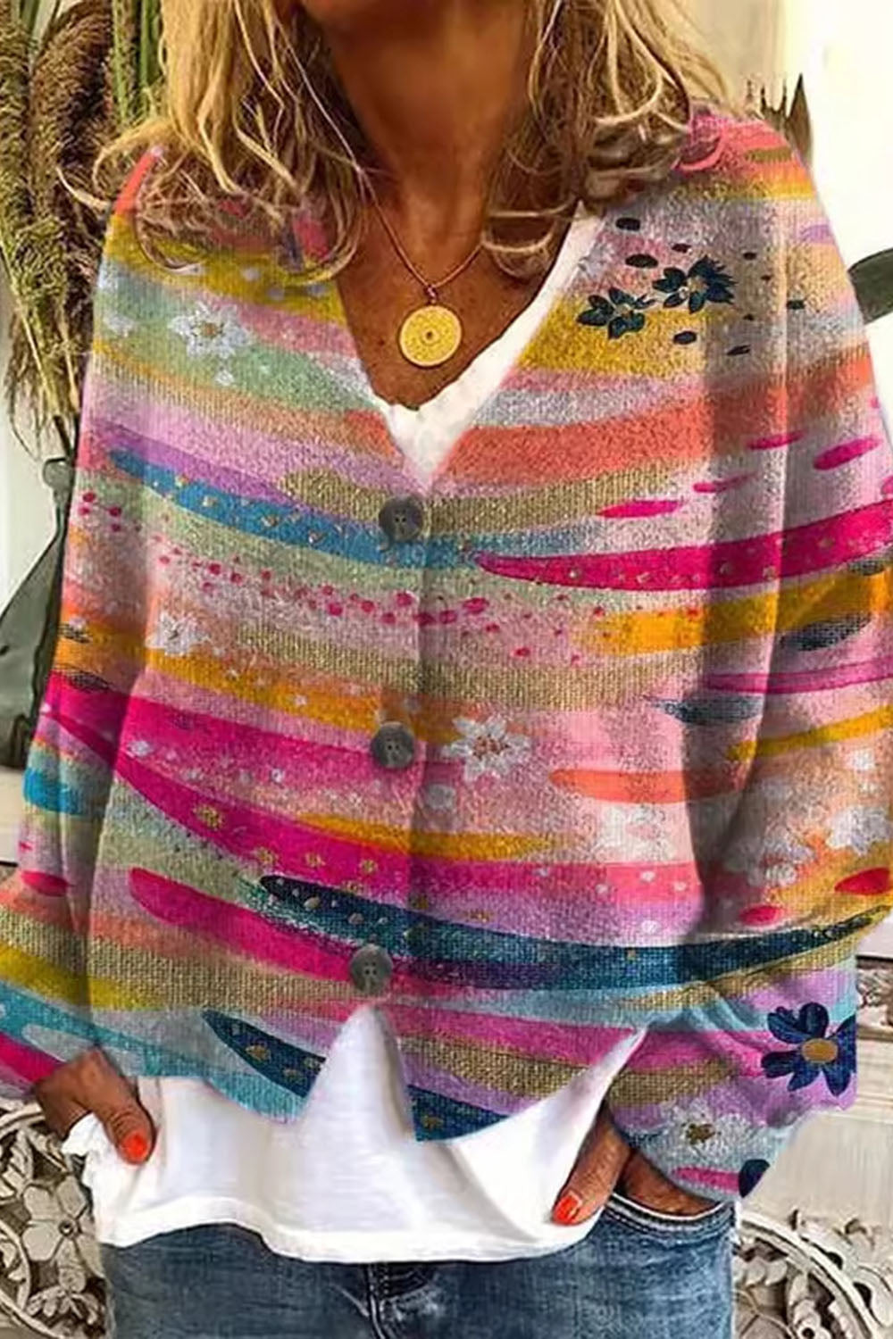 Women's cardigan 3D fashionable rainbow printed casual sweater jacket